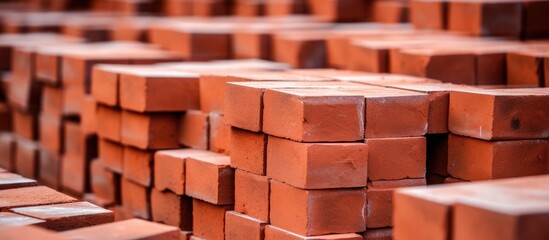 Close-up view of red bricks neatly stacked on top of one another