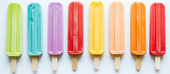 A variety of pops with different colored ice cream arranged in a row. Colored ice cream sticks used for children's color sorting game.