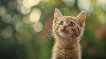 Fototapeta premium A curious small ginger kitten gazing up at the camera