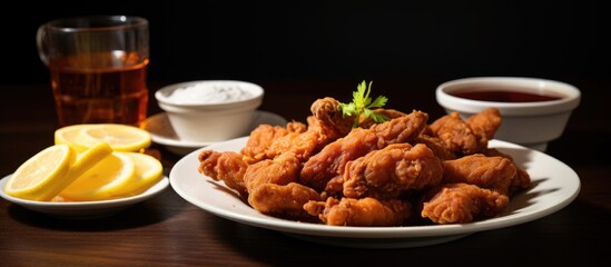 Plate holding crispy fried chicken served with a variety of flavorful dipping sauces on the side