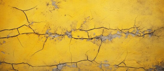 A detailed close-up of a weathered yellow wall showing various cracks and textures