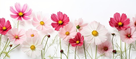 Row of cosmos flowers perfectly arranged on a plain white background - Powered by Adobe