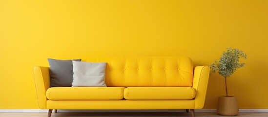 Yellow couch with cozy cushions arranged against a matching yellow wall