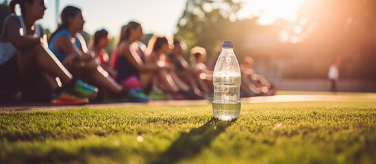 Several people gathered outdoors on the green lawn with a clear bottle of water placed in front of them