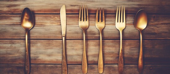 Set of elegant gold colored cutlery neatly arranged on a rustic wooden table