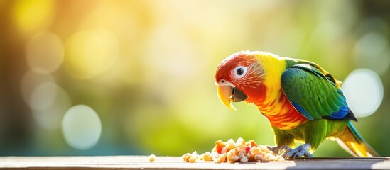 A brightly colored parrot is perched on a wooden table, enjoying its food in the sun.