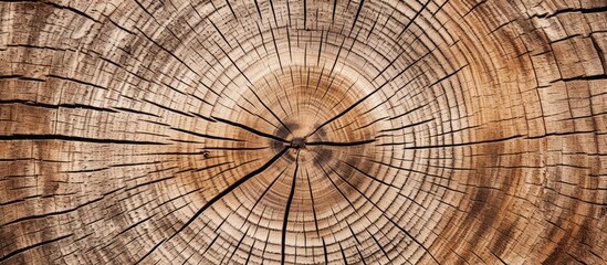 Fototapeta premium The detailed view showcases the inner structure of a tree trunk with a visible cross-section, revealing growth rings and intricate patterns.