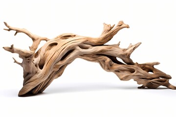 Twisted driftwood telling tales of its oceanic adventures, isolated on white solid background