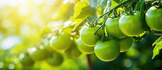 Bunch of vibrant green tomatoes clustered together on a tomato plant branch - obrazy, fototapety, plakaty