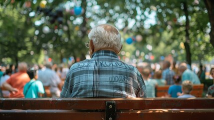 An elderly man sitting on a bench back facing the camera as proudly watches grandchildren participate in the festival parade. . . - obrazy, fototapety, plakaty