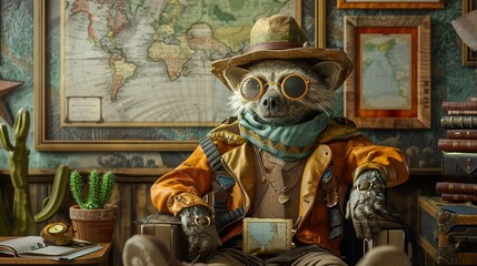 Fototapeta premium Hipster melon fisherman, hyena sidekick, Victorian backdrop, cartography maps spread out, unique blend ,3D render