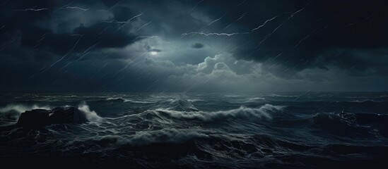 Dark clouds gather on the horizon as a storm approaches from the ocean on a tumultuous night - obrazy, fototapety, plakaty