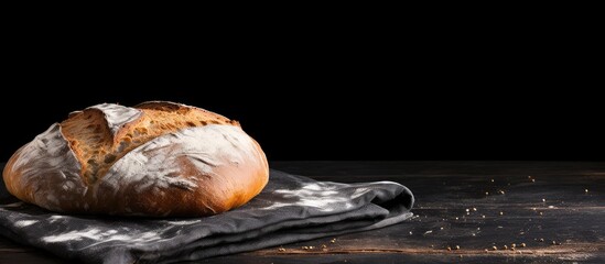 A detailed view of a loaf of bread placed on a piece of cloth, giving a warm and inviting feel - obrazy, fototapety, plakaty
