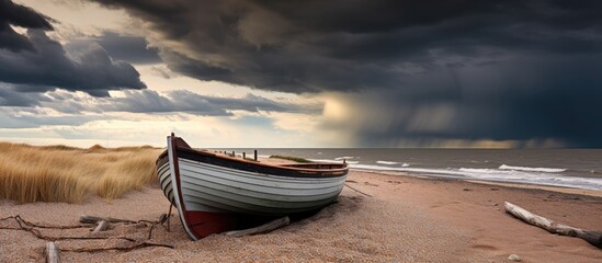 Boat resting on sandy beach with overcast sky backdrop near the shoreline