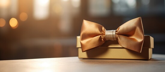 Close-up view of a shiny gold gift box adorned with a decorative bow tie - obrazy, fototapety, plakaty