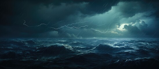 Ominous storm clouds gather above the turbulent ocean, accompanied by flashes of lightning in the dark sky - obrazy, fototapety, plakaty