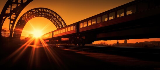Train locomotive moving underneath a bridge during the sunset golden hour - obrazy, fototapety, plakaty