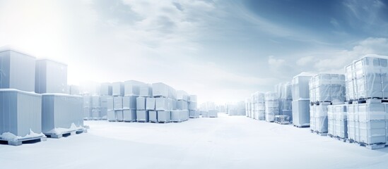 Warehouse scene with multiple storage containers in snowy conditions