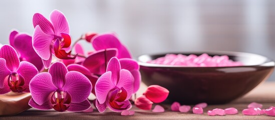 Purple orchids and a bowl filled with fragrant rose petals placed on a rustic wooden table