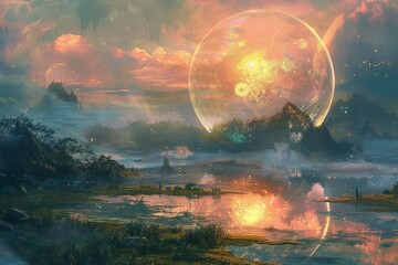 A glowing orb floating amidst the swirling mist of a mysterious swamp.