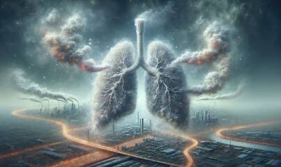 Haunting Visualization of Airborne Pollutants Forming Ghostly Lung Amidst Smoky Haze - obrazy, fototapety, plakaty