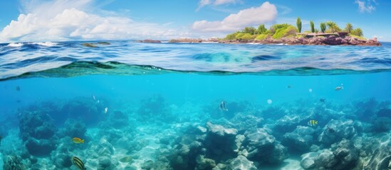 Fototapeta na wymiar Clear Atlantic waters in Bermuda showcase stunning coral reefs and a picturesque island in the distance