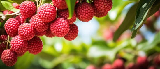 Close-up view of a cluster of vibrant red berries hanging from a tree branch, showcasing nature's bounty - obrazy, fototapety, plakaty