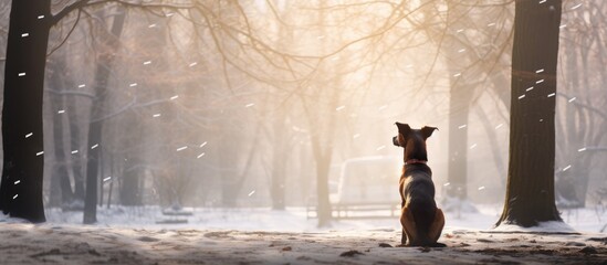 Dog rests peacefully amidst snowy forest setting