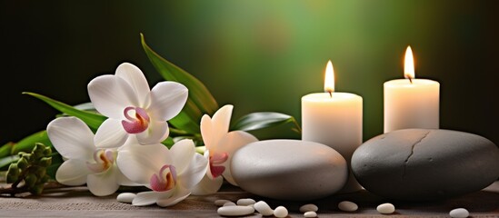 Arrangement of candles, stones, and orchids placed on a table against a green background