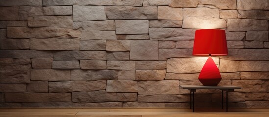 A detailed close-up of a table lamp positioned against a rustic stone wall - obrazy, fototapety, plakaty