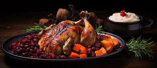 Close-up of a savory plate with a delicious roasted turkey surrounded by colorful fresh vegetables