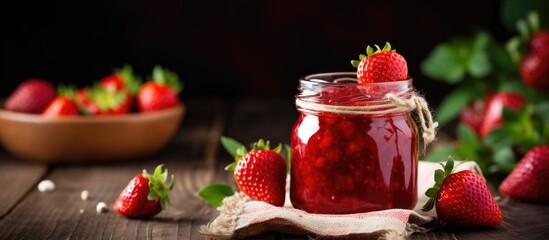 A jar filled with delicious strawberry jam, with fresh strawberries in the blurred background - Powered by Adobe