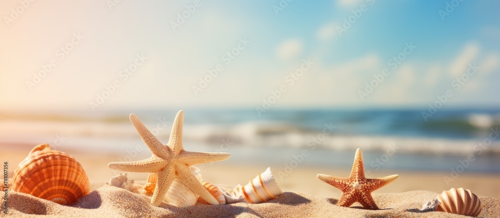 Sticker Shells and starfish scattered along sandy beach under clear blue sky on a sunny day