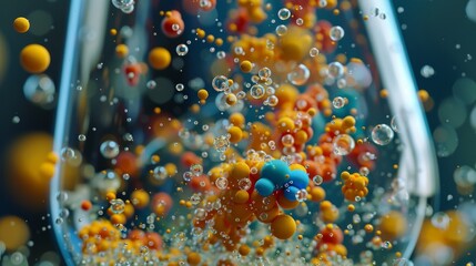 In the midst of a chemical reaction small colorful molecules swirl and mix together in a glass flask. This is a key stage in the alchemical process of converting biomass into usable . - obrazy, fototapety, plakaty