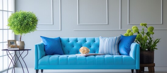 Blue sofa adorned with cushions and a decorative vase placed on a coffee table