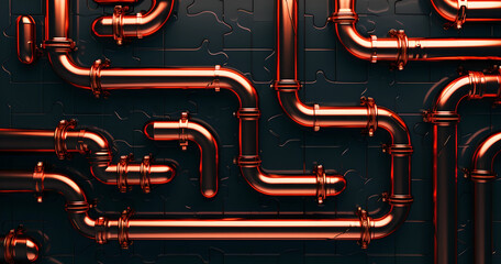a group of copper pipes on a black background, A maze puzzle , tangle