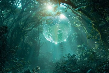 A glowing orb that shimmers within the mysterious forest. - obrazy, fototapety, plakaty