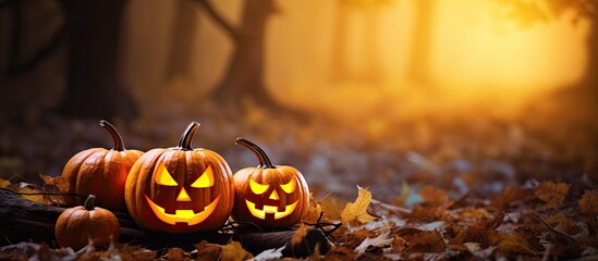 Two carved pumpkins placed on top of a mound of colorful autumn leaves - obrazy, fototapety, plakaty