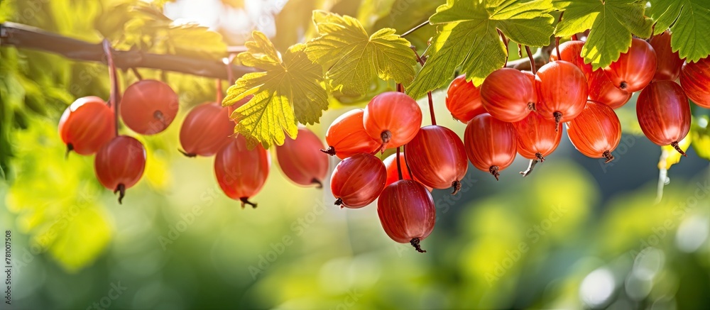 Sticker Cluster of vibrant red berries hanging densely from a tree branch