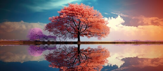 The image shows a tree with vibrant pink leaves reflecting beautifully in the calm waters below. - obrazy, fototapety, plakaty