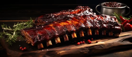 Foto op Canvas Tender rack of ribs on wooden board drizzled with savory sauce, perfect for a mouthwatering meal © Ilgun