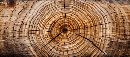 The detailed view of a tree trunk showcasing a cross section cut in half, revealing its inner...