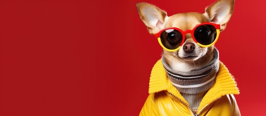 A canine sporting sunglasses and a stylish yellow jacket