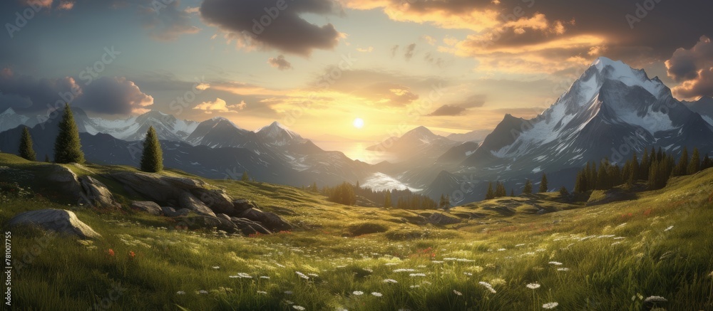 Sticker Lush green grass, tall trees, and a majestic mountain range create a picturesque landscape