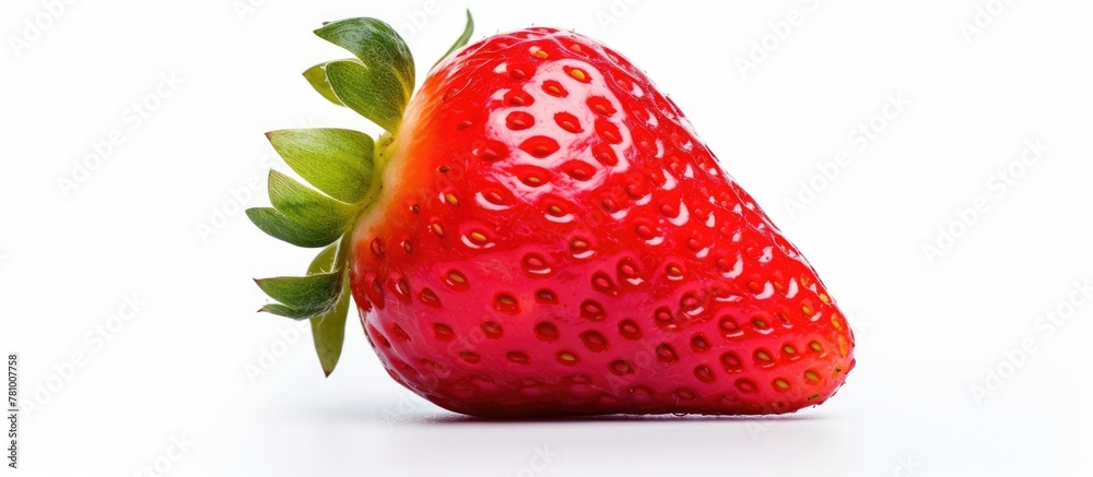 Canvas Prints Ripe strawberry featuring a leaf in close-up detail set against a clean white background