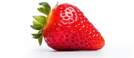 Ripe strawberry featuring a leaf in close-up detail set against a clean white background