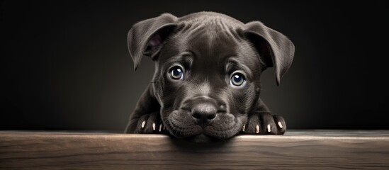 Black puppy with striking blue eyes peering over the edge of a wooden table