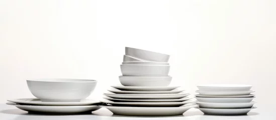 Fotobehang A close view of a neat arrangement of white dinner plates and bowls stacked together. © Ilgun