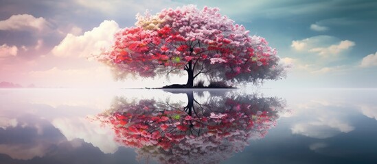 Pink flowering tree reflected in water with vibrant green leaves creating a serene natural scene
