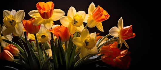 Bouquet of daffodils and tulips in close-up with sun shadows in a dark setting